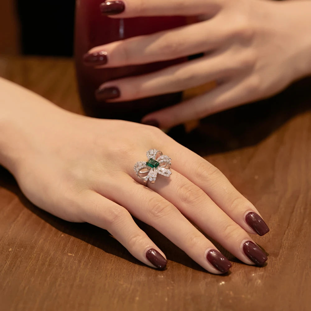 Silver Zircon Emerald Cut Inlaid Bow Knot Pendant Necklace