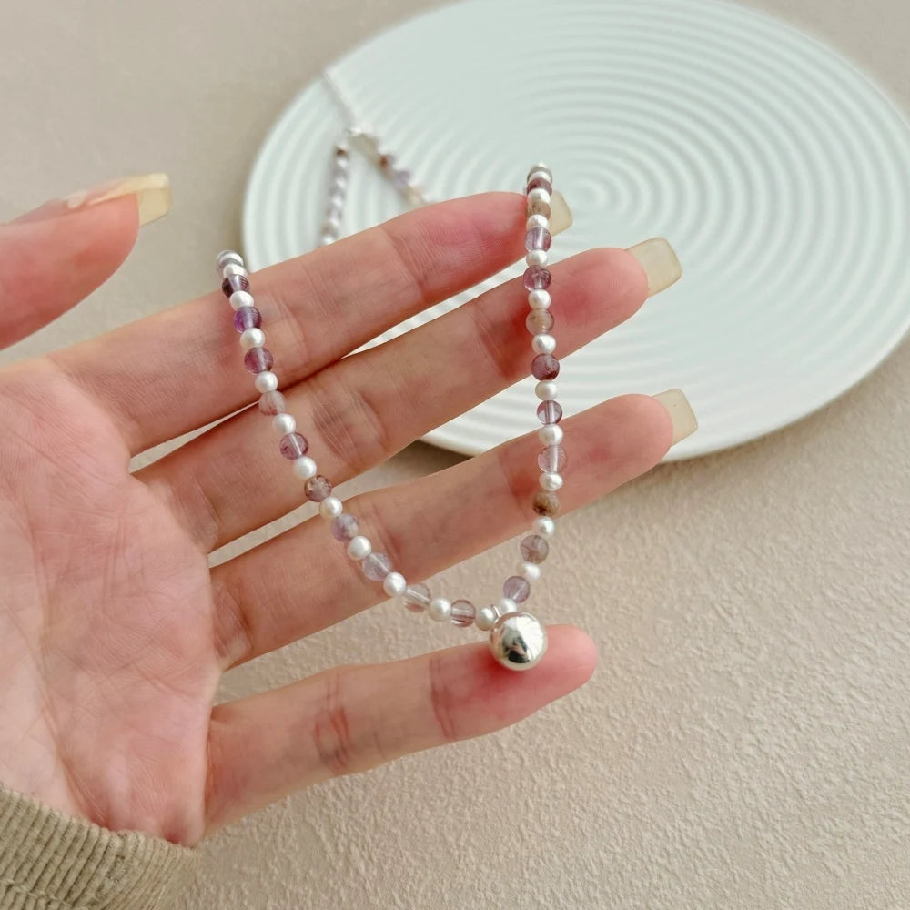 Silver Amethyst Round Cut Classic Beaded Necklace