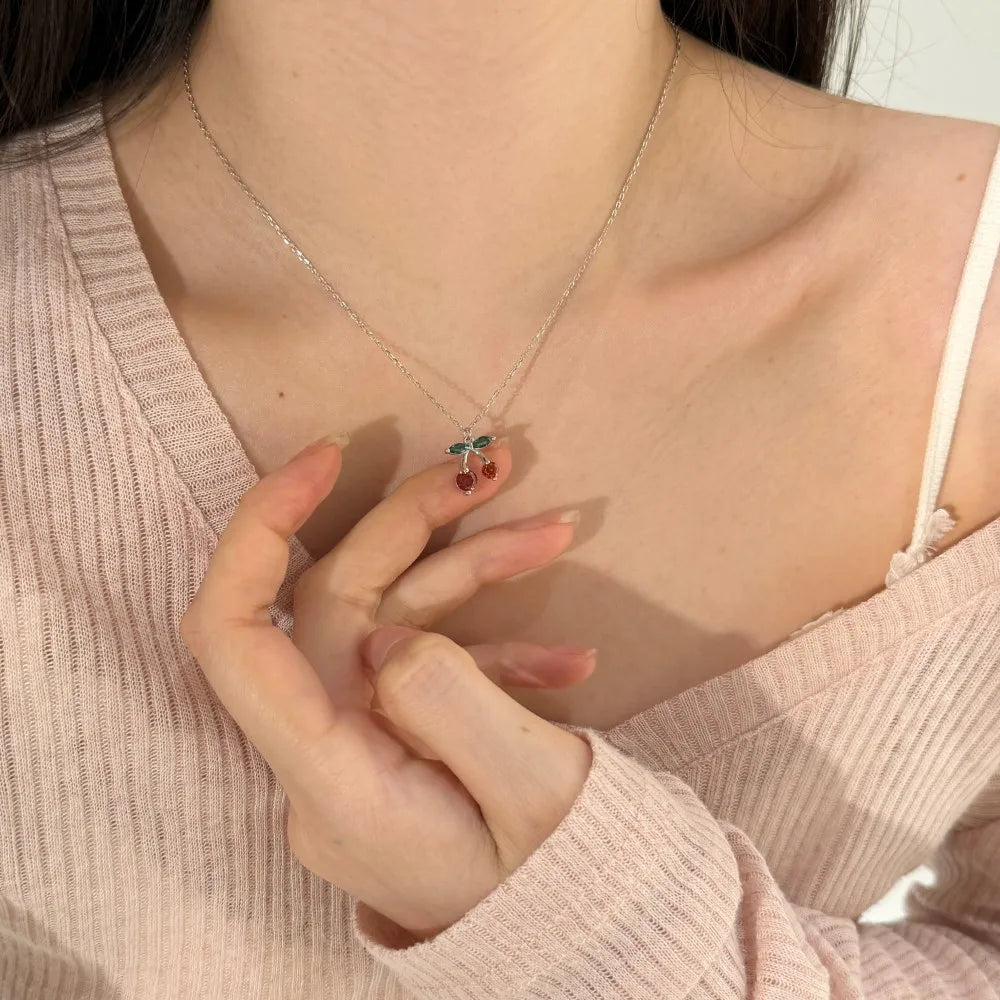 Silver Zircon Round Cut Cherry Pendant Necklace