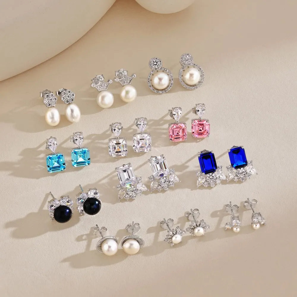 Silver Zircon Emerald Cut Eyelashes Ear Studs