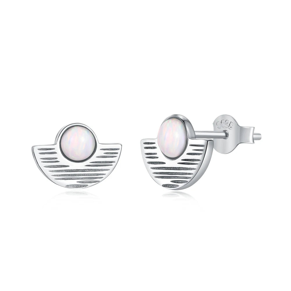 Silver Opal Round Cut Folding Fan Ear Studs