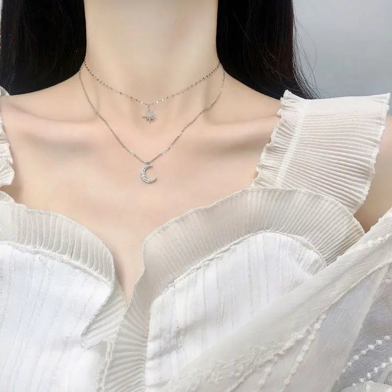 Silver Zircon Round Cut Double Layered Crescent Star Pendant Necklace