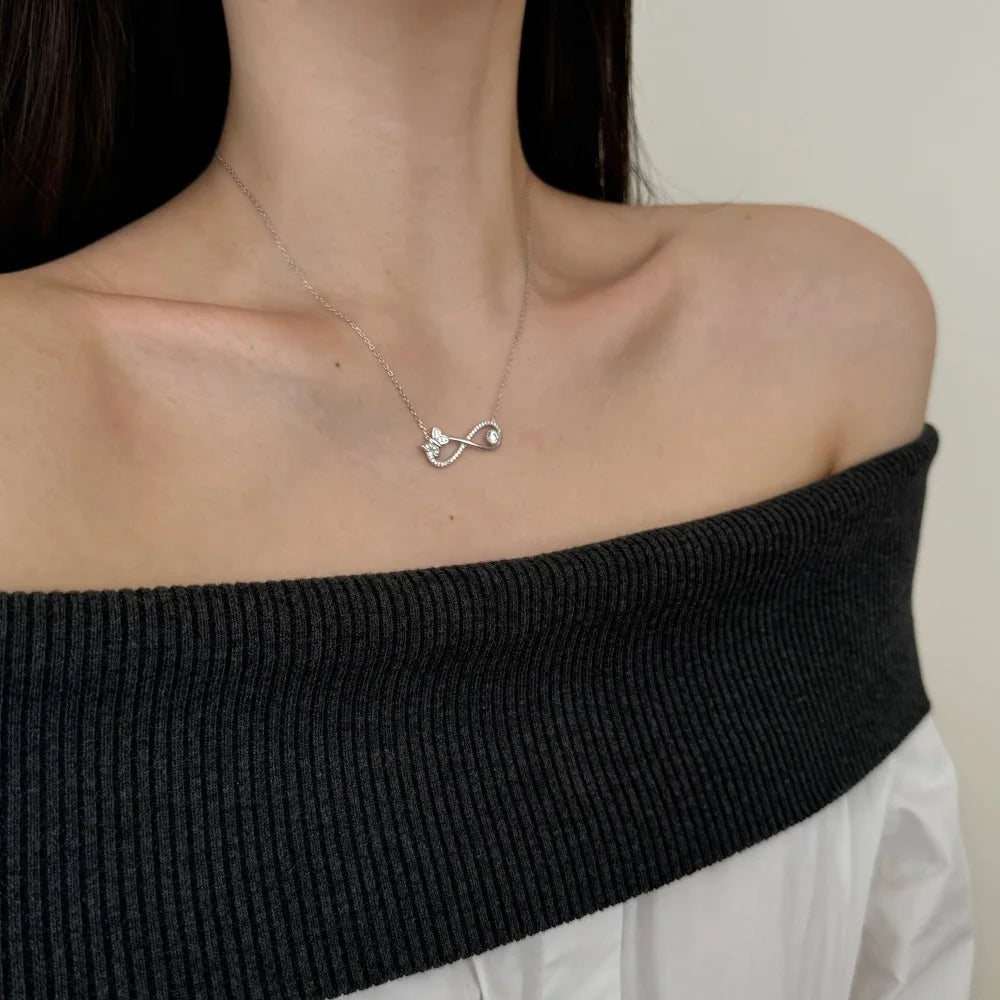 Silver Zircon Round Cut Infinity Bar Necklace