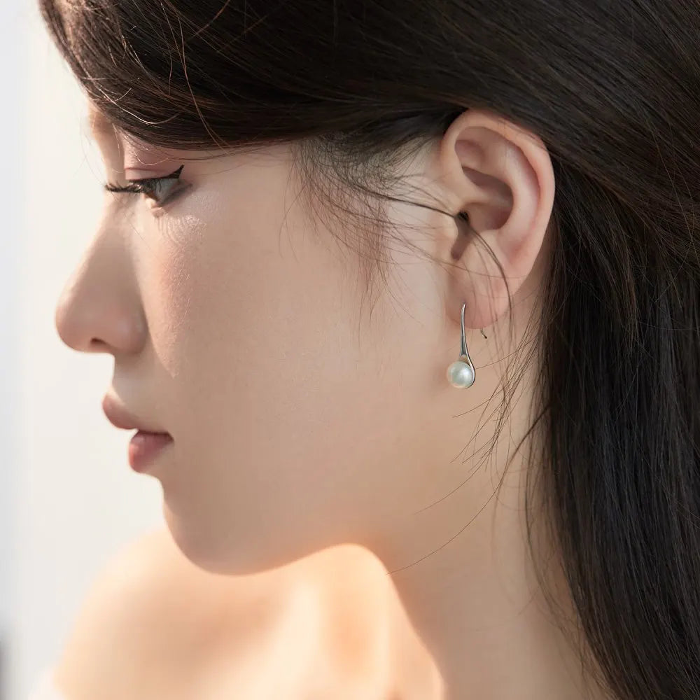 Silver Pearl Spoon Drop Earrings