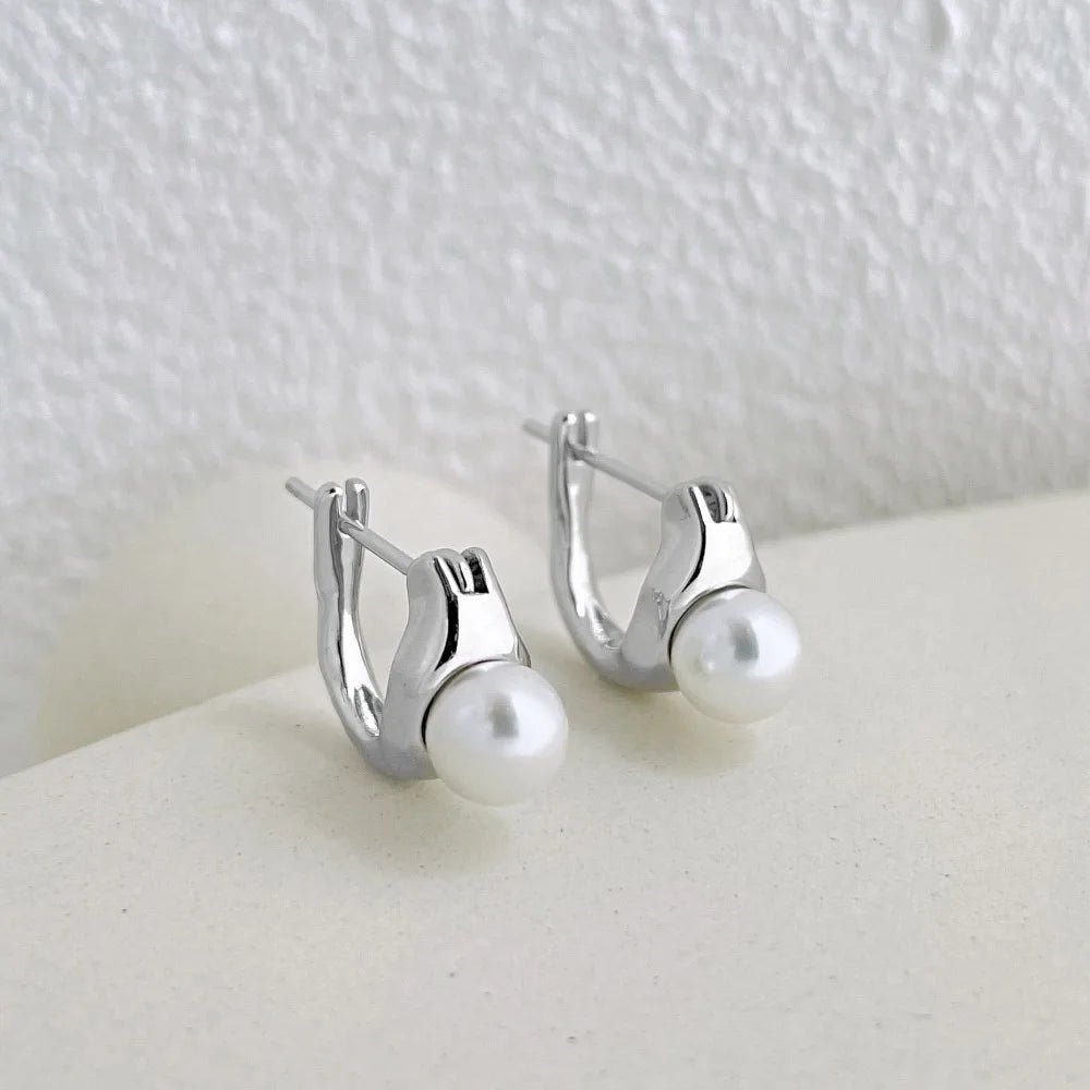 Silver Pearl Chunky Huggie Earrings