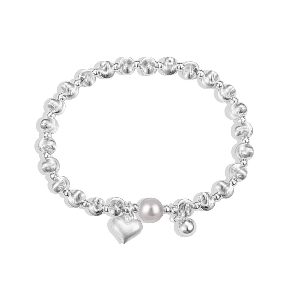 Silver Pearl Heart Bangle Beaded Bracelet