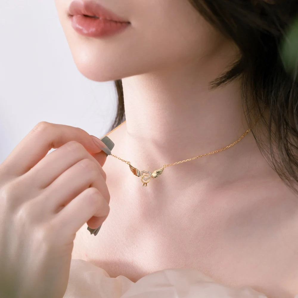 Silver Zircon Round Cut Halo Heart Wings Bar Necklace