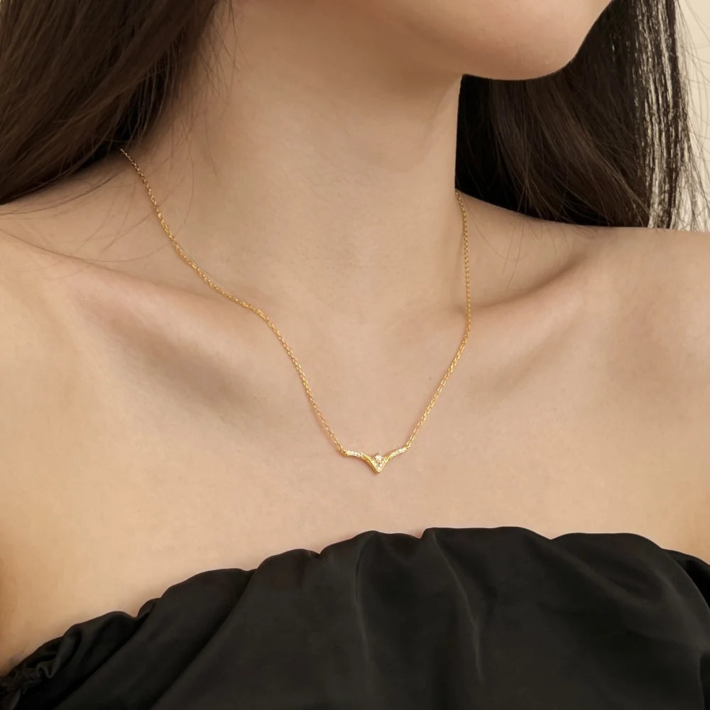 Silver Zircon Princess Cut V Bar Necklace