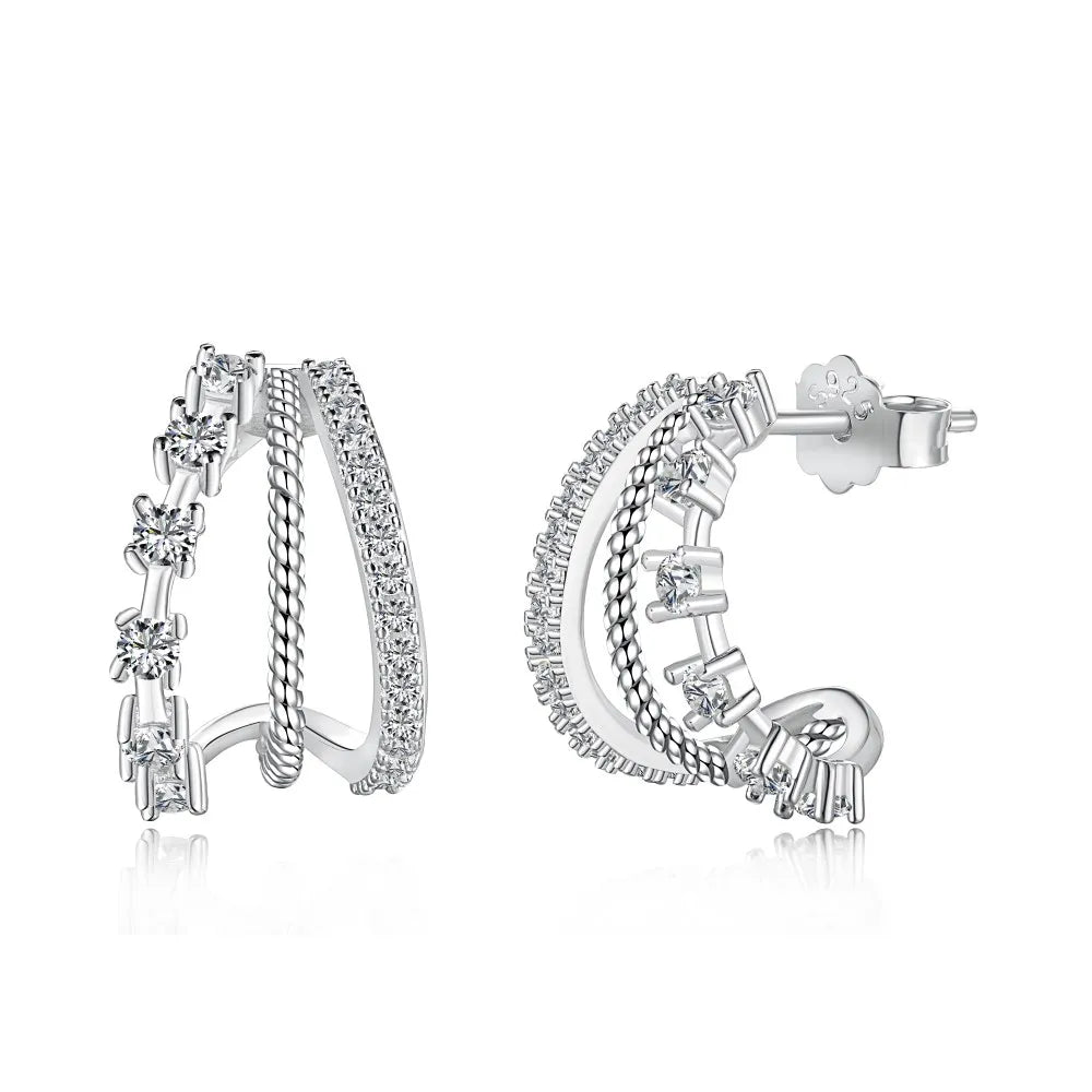 Silver Zircon Round Cut Twisted Hollow Huggie Earrings