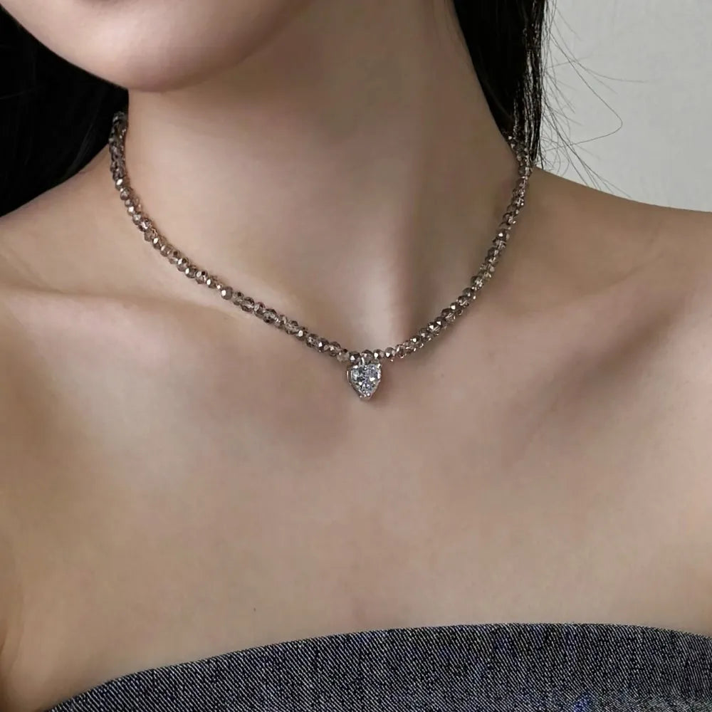 Silver Zircon Heart Cut Double Layer Beaded Necklace