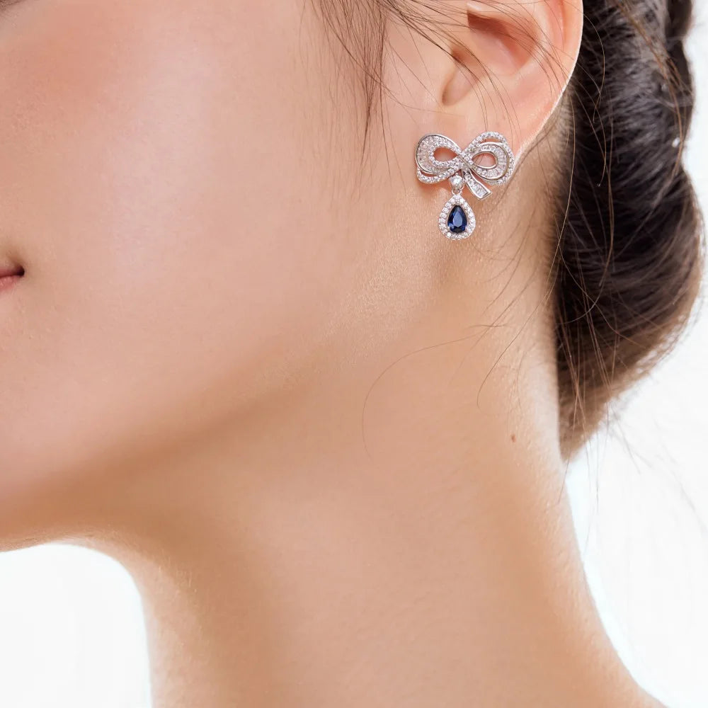 Silver Zircon Pear Cut Bow Knot Drop Earrings