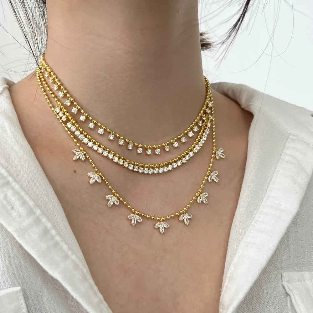 Silver Zircon Round Cut Layered Tassel Chain Necklace