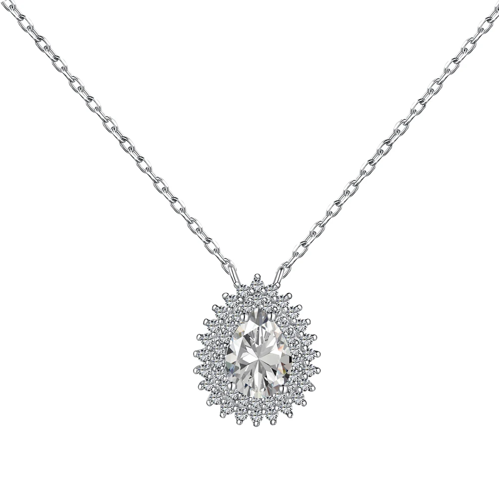 Silver Zircon Pear Cut Inlaid Halo Water Drop Pendant Necklace