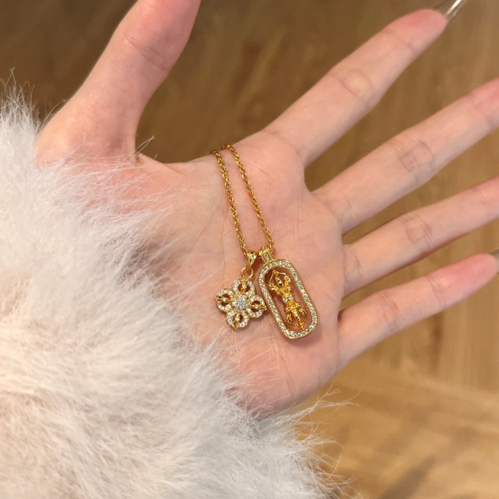 Silver Zircon Round Cut Lotus & Vajra Talisman Pendant Necklace