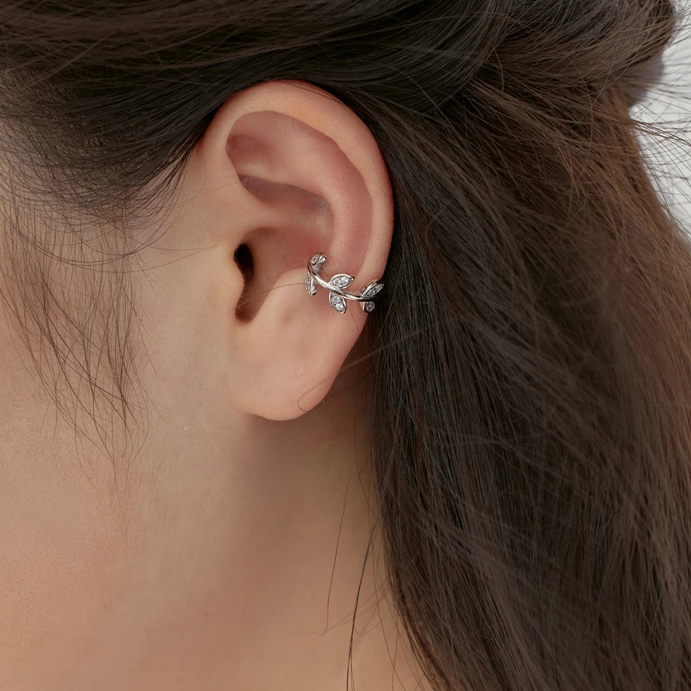 Silver Zircon Round Cut Leaf Ear Cuffs