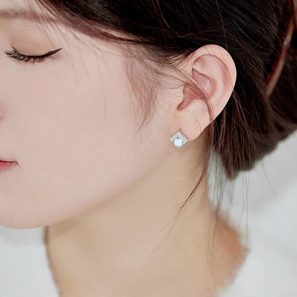 Silver Opal Round Cut Squared Ear Studs