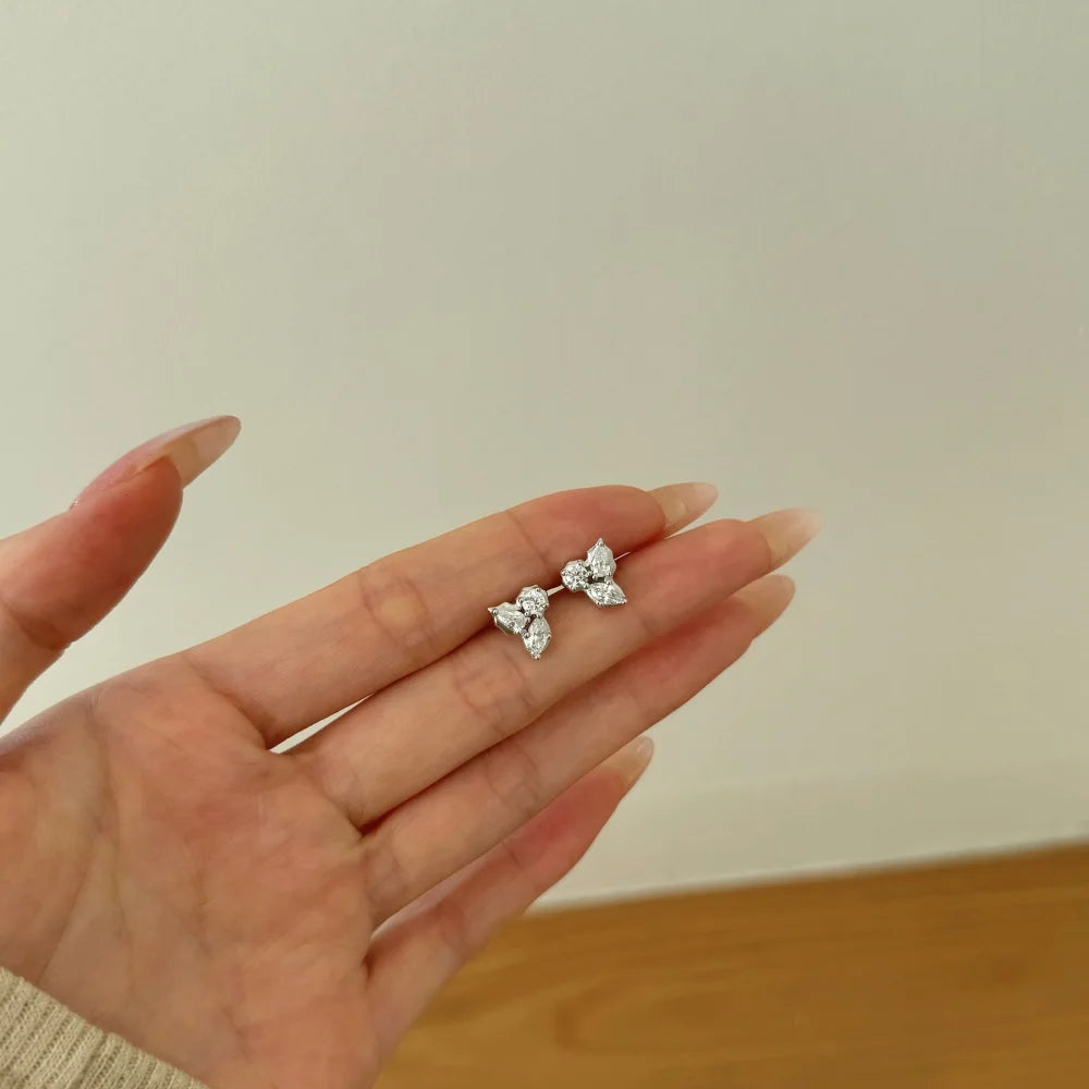 Silver Zircon Marquise Cut Brushed Leaf Ear Studs