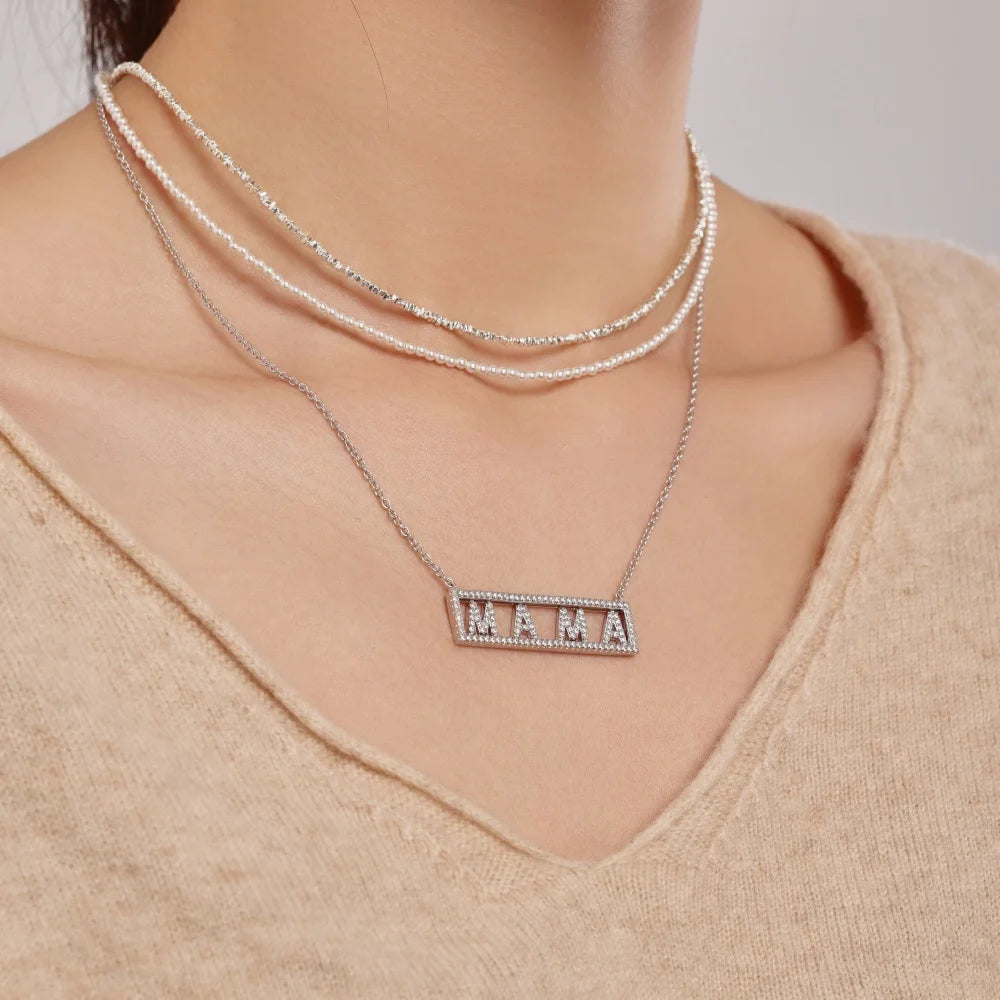 Silver Zircon Round Cut Inlaid Mama Bar Necklace