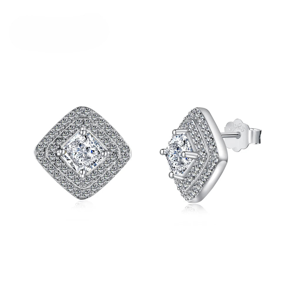 Silver Zircon Princess Cut Halo Pillow Ear Studs