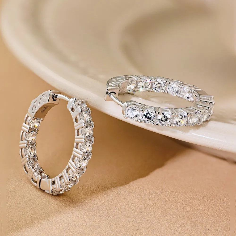 Silver Zircon Round Cut Inlaid Layered Ear Hoops