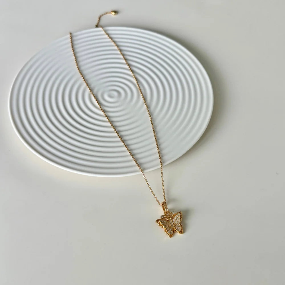 Silver Zircon Round Cut Iced Butterfly Pendant Necklace