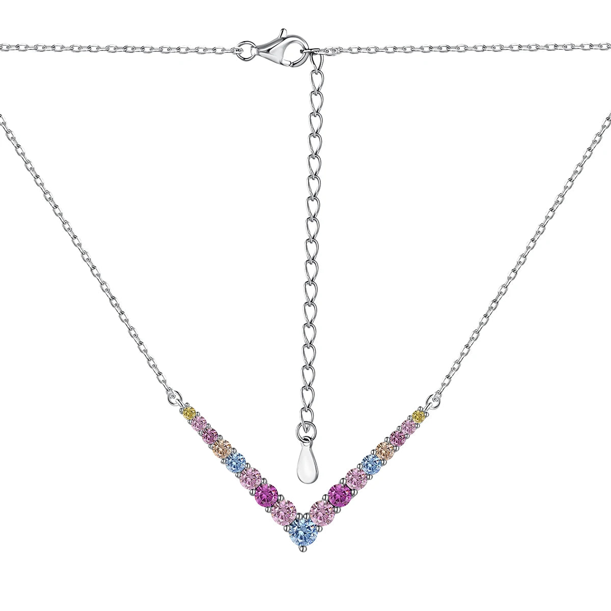 Silver Zircon Round Cut V Pendant Necklace