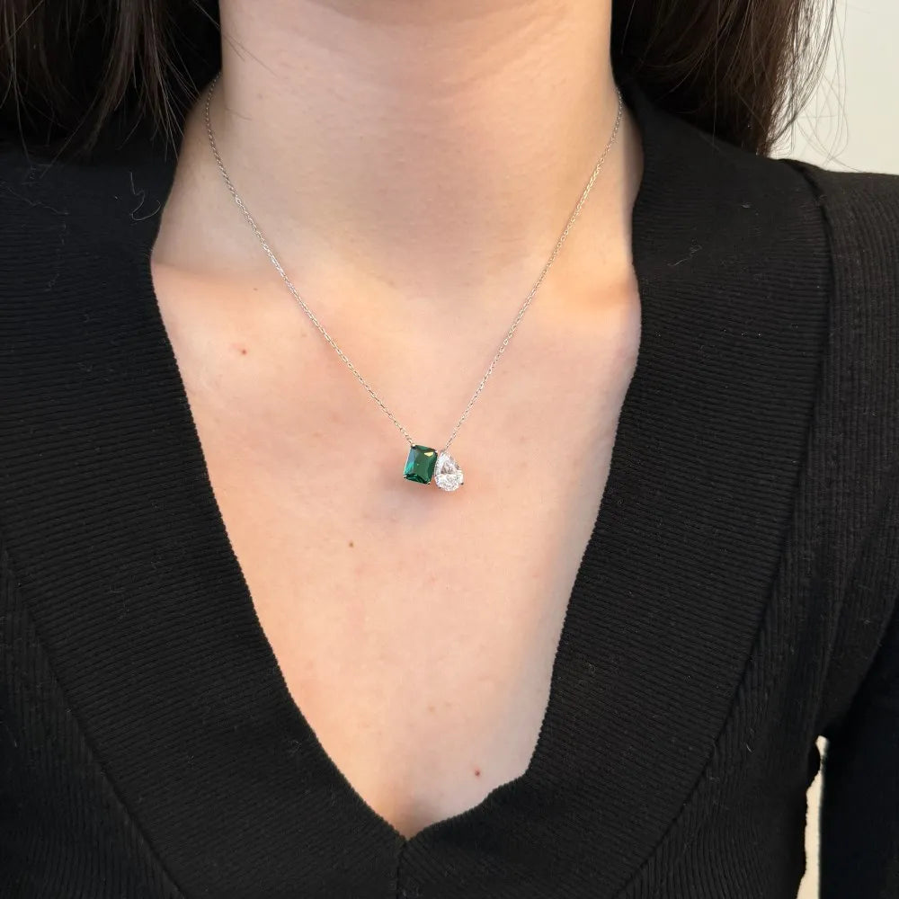 Silver Zircon Emerald Cut Toi Et Moi Pendant Necklace