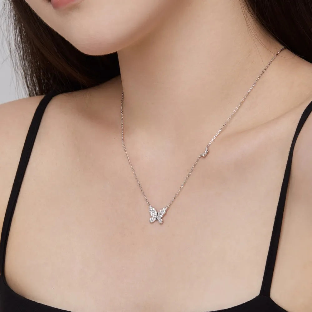 Silver Zircon Round Cut Butterfly Pendant Necklace