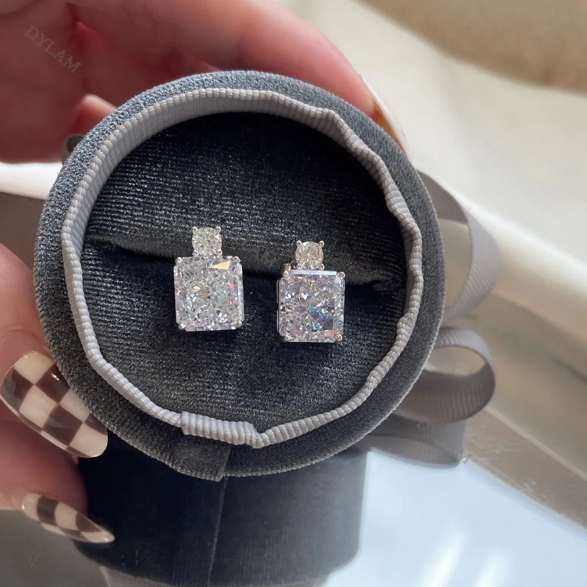 Silver Zircon Radiant Cut Stacked Squared Ear Studs