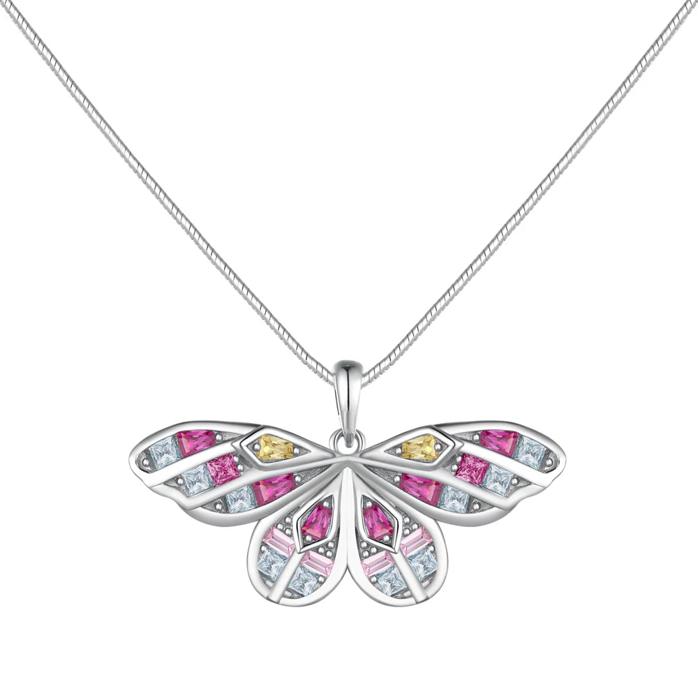 Silver Zircon Baguette Cut Butterfly Pendant Necklace