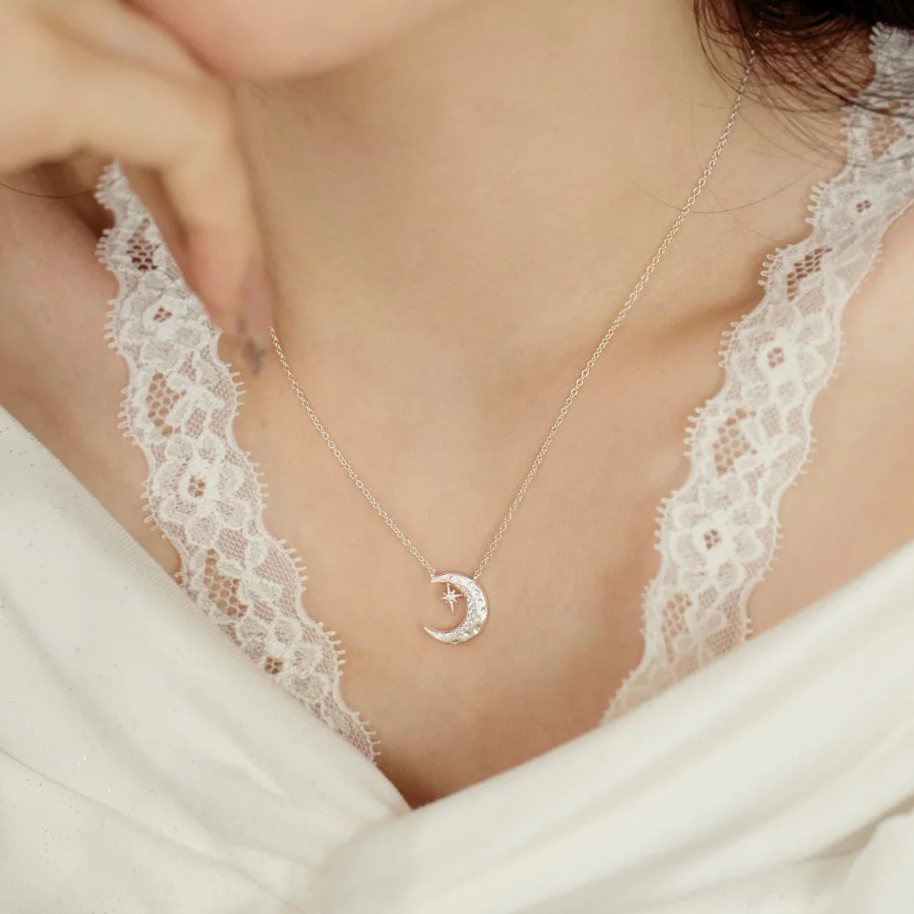 Silver Zircon Round Cut Crescent Pendant Necklace