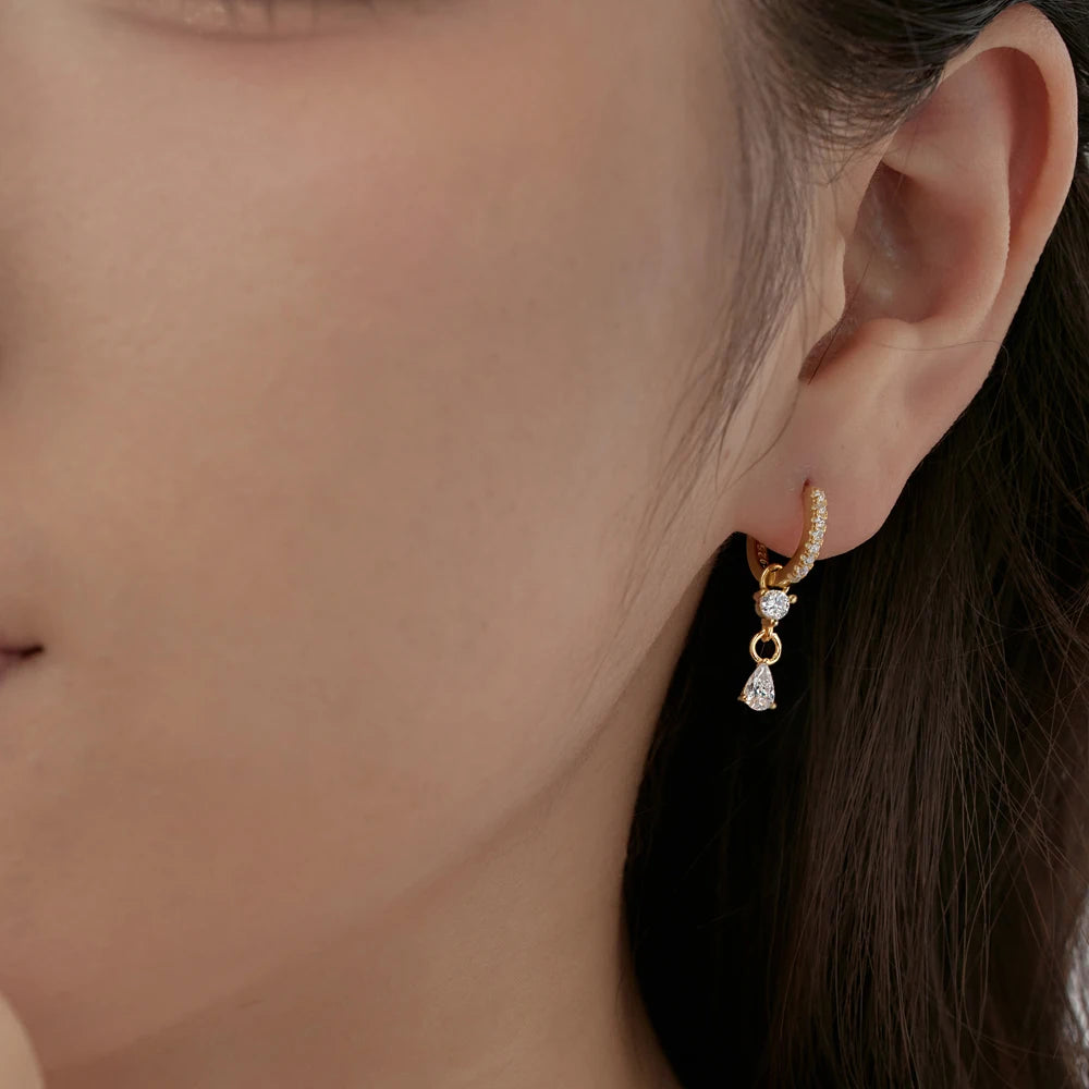 Silver Zircon Pear Cut Iced Water Drop Huggie Earrings