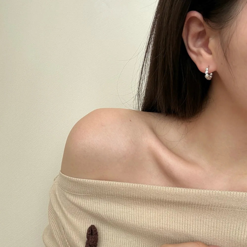 Silver Zircon Round Cut Brushed Huggie Earrings