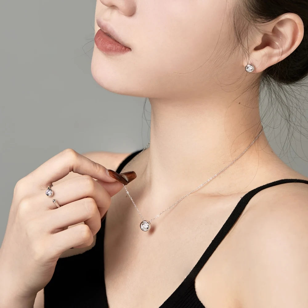 Silver Zircon Round Cut Circle Pendant Necklace