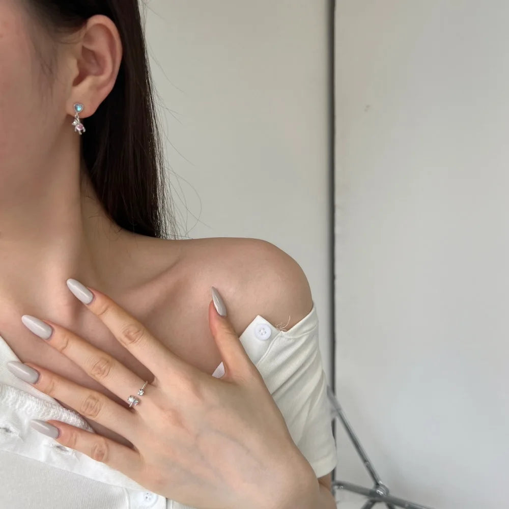 Silver Zircon Round Cut Bear Drop Earrings