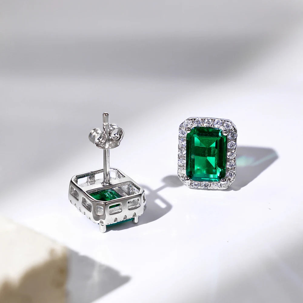 Silver Zircon Emerald Cut Sided Ear Studs