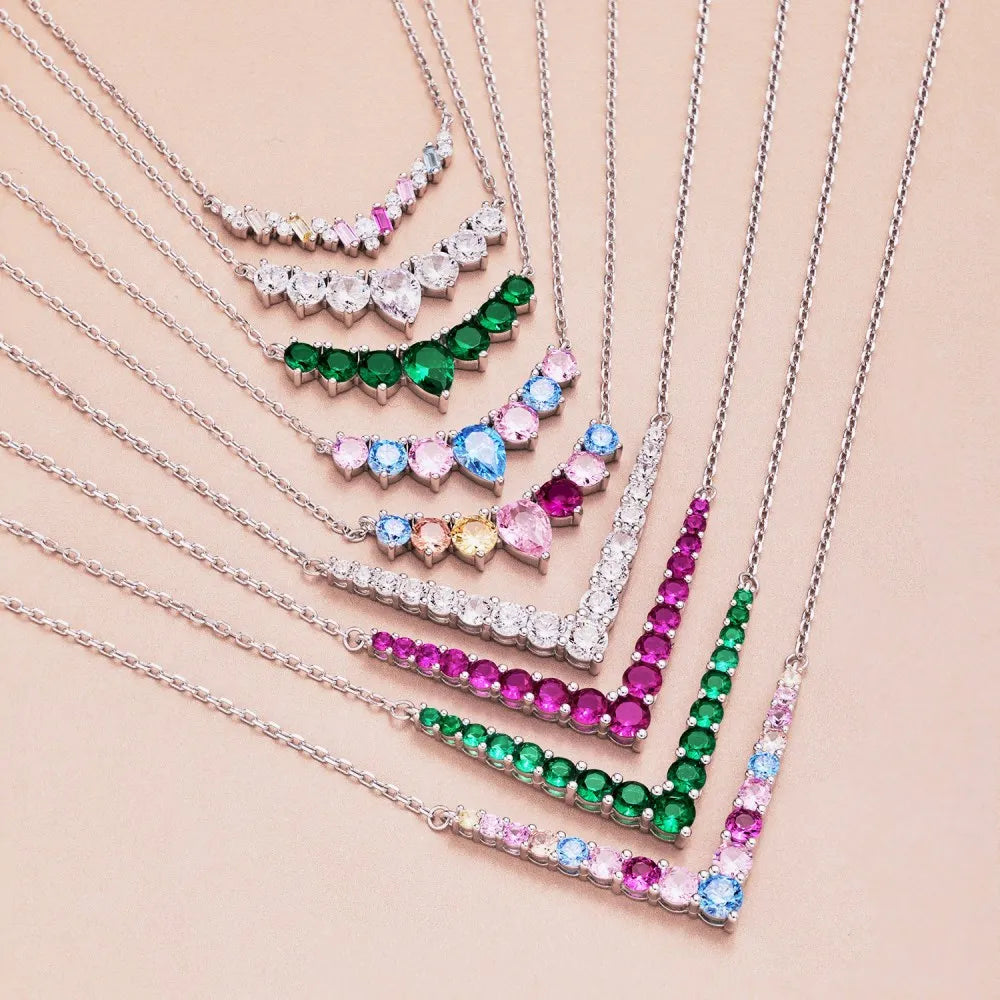 Silver Zircon Pear Cut Crescent Bar Necklace