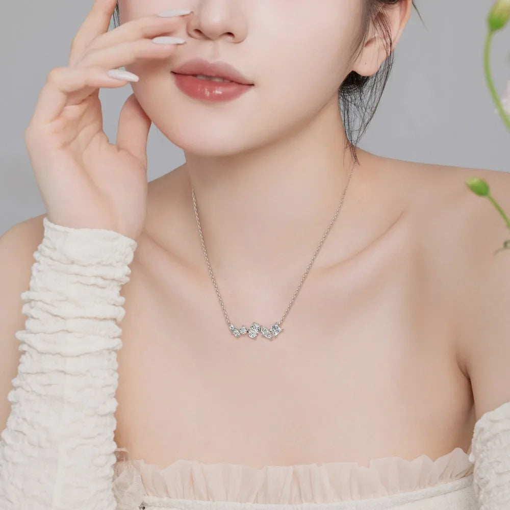 Silver Zircon Oval Cut Multi Shape Bar Necklace