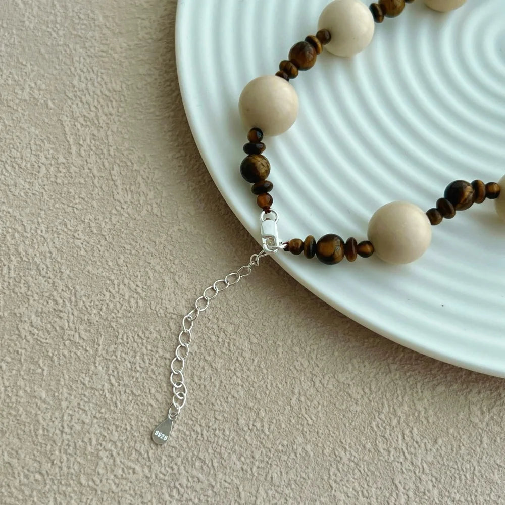 Silver Tiger Eye Round Cut Multi Shape Beaded Necklace