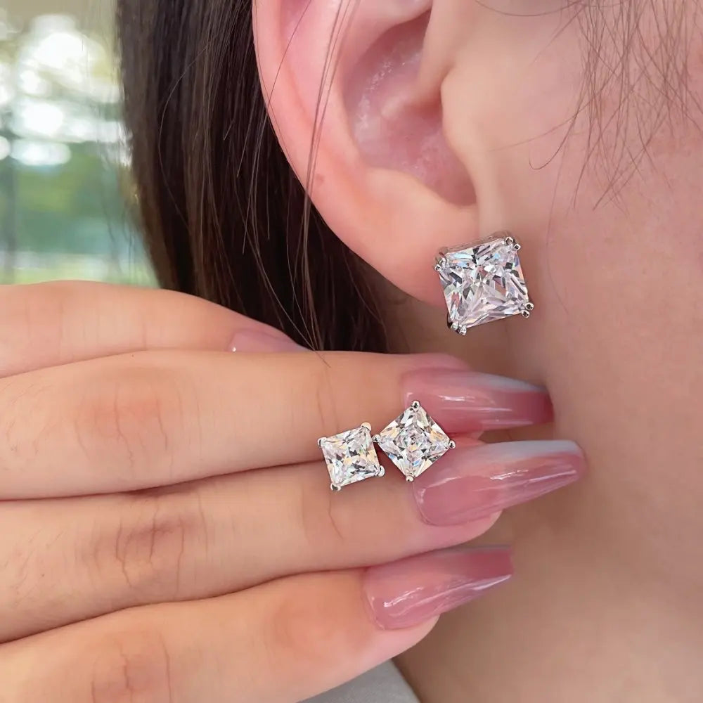 Silver Zircon Princess Cut Cubic Ear Studs