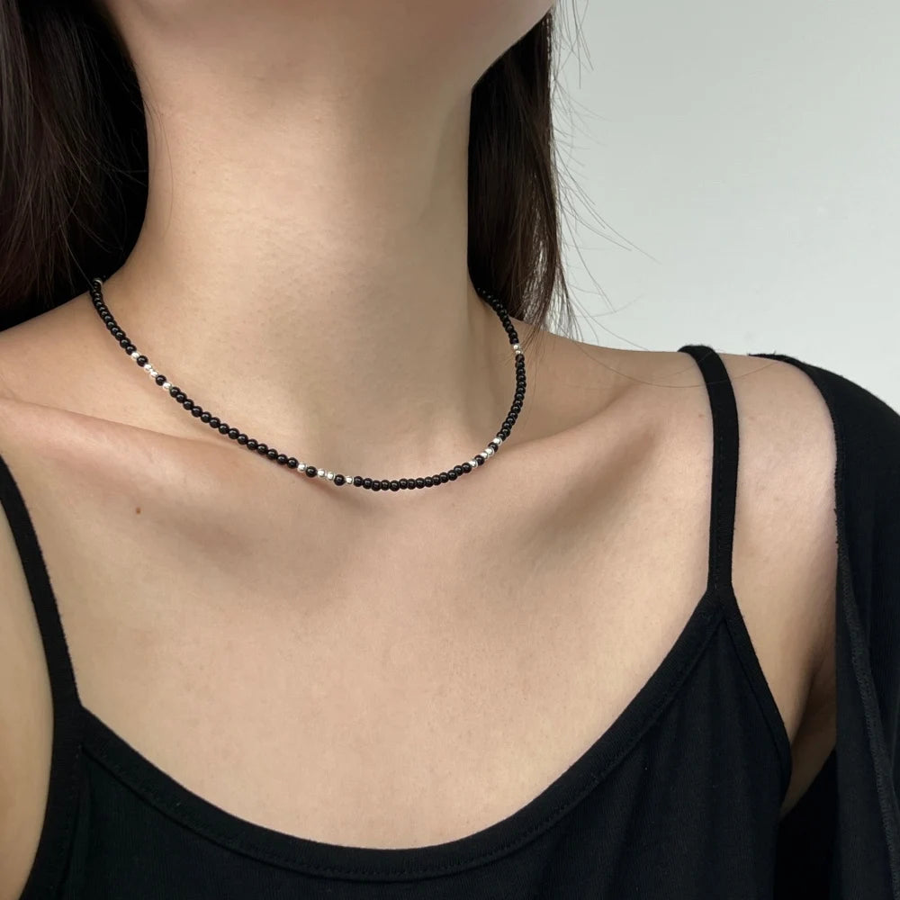 Silver Onyx Round Cut Classic Beaded Necklace