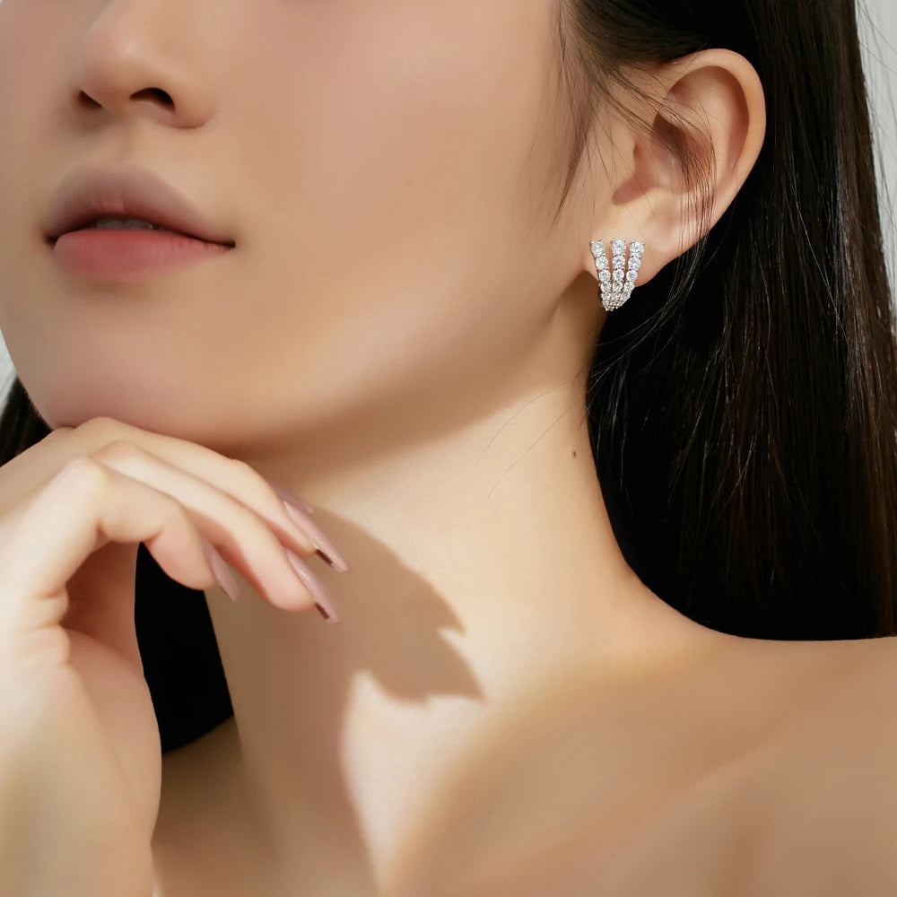Silver Zircon Round Cut Twisted V Huggie Earrings