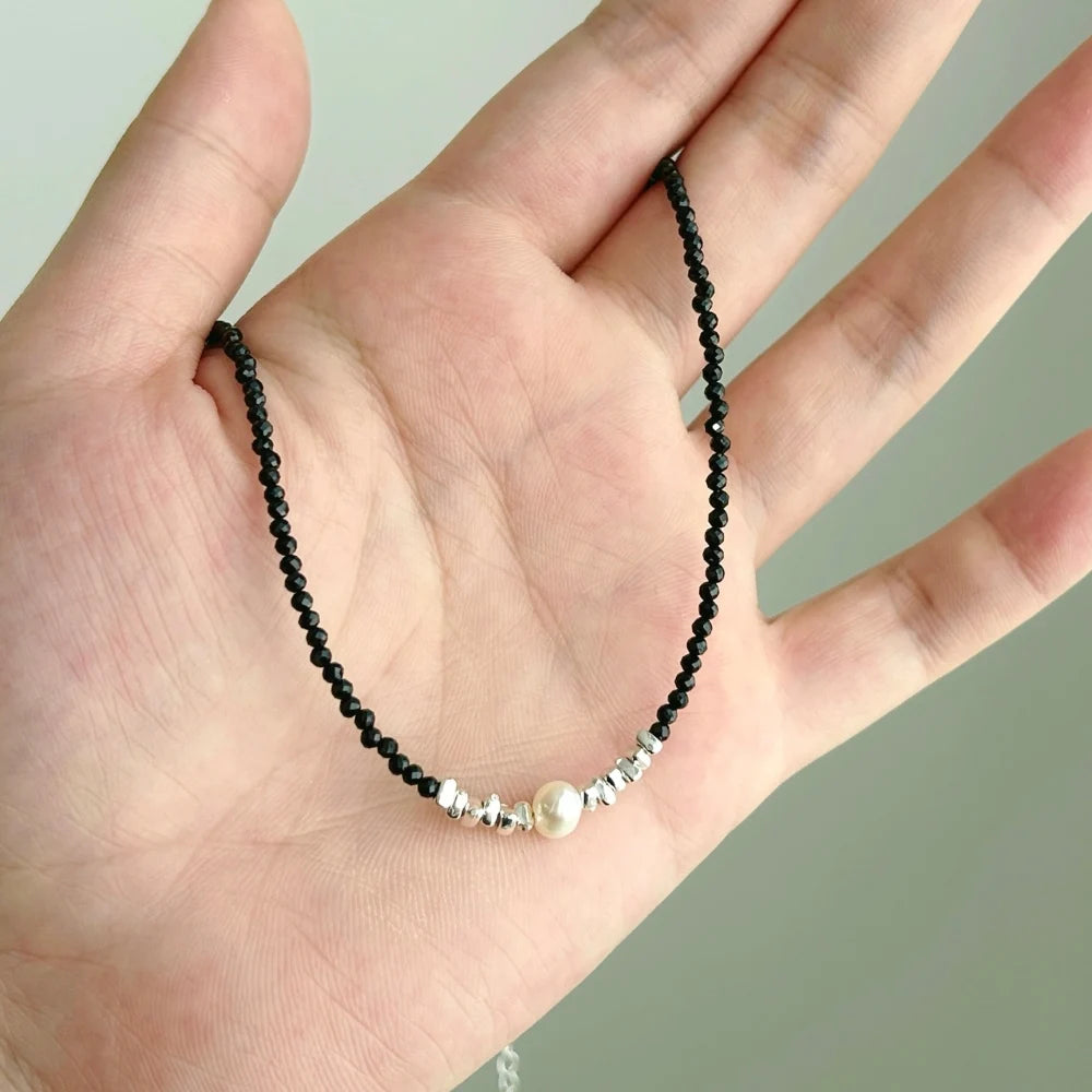 Silver Onyx Round Cut Simple Beaded Necklace