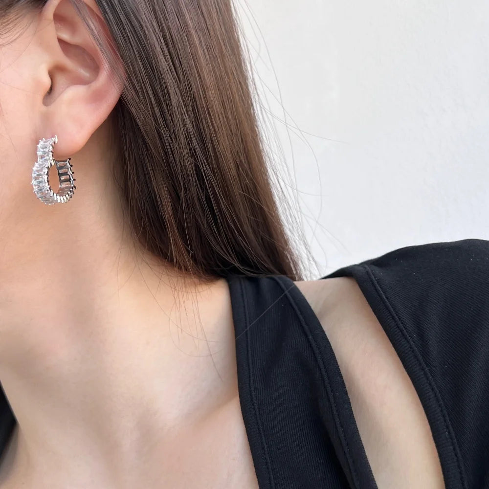 Silver Zircon Cushion Cut Heart Inlaid Ear Hoops