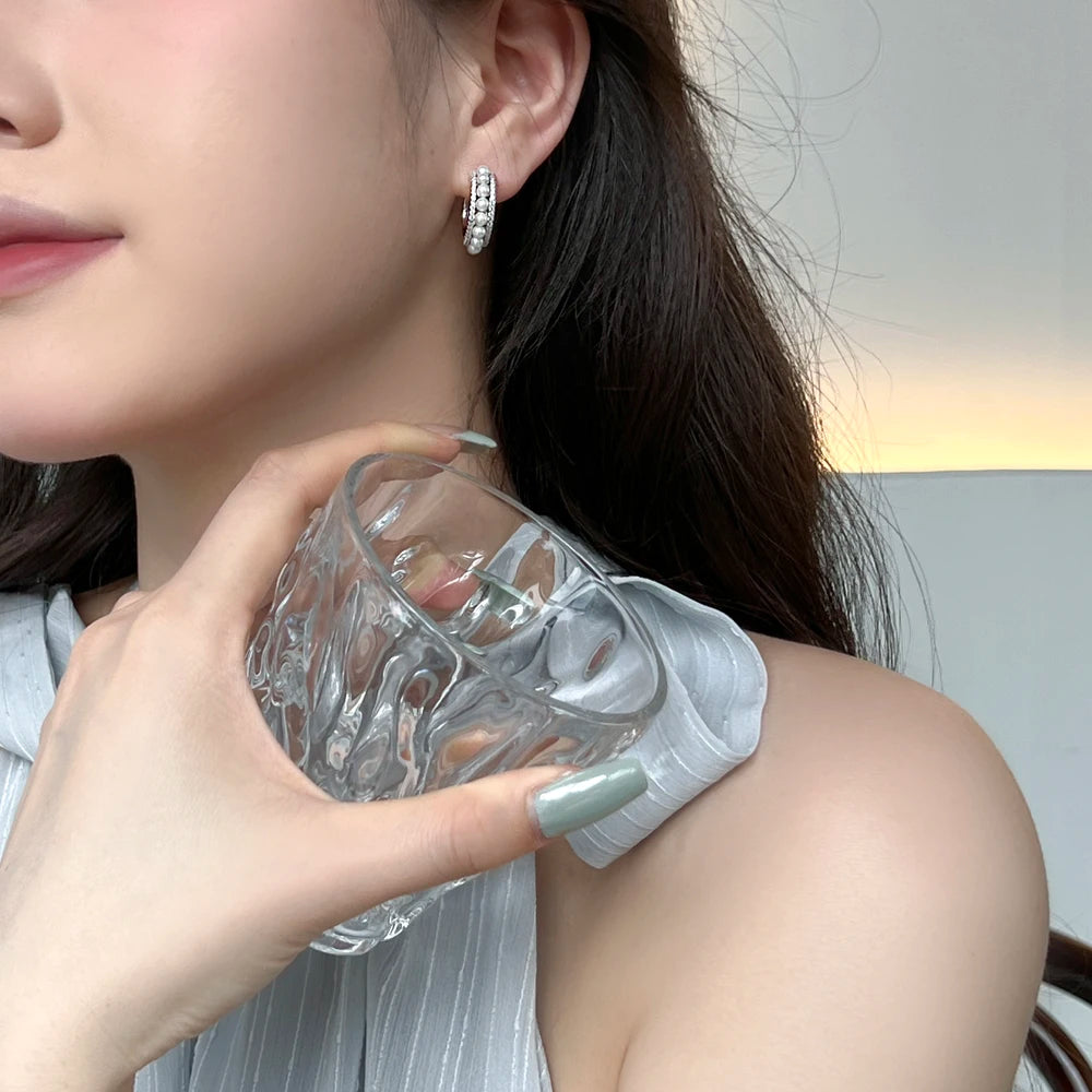 Silver Pearl Hook Inlaid Ear Hoops