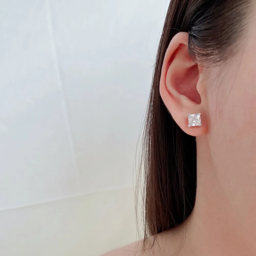 Silver Zircon Princess Cut Cubic Ear Studs