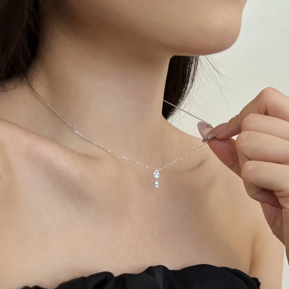 Silver Zircon Round Cut Water Drop Pendant Necklace