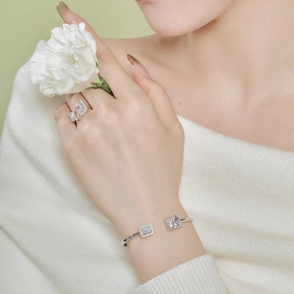 Silver Zircon Radiant Cut Open Bangle Bracelet