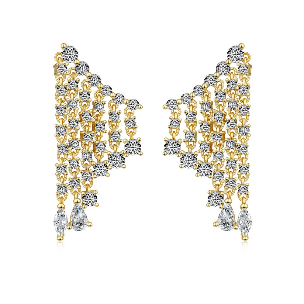 Silver Zircon Pear Cut Multi Layer Tassel Drop Earrings