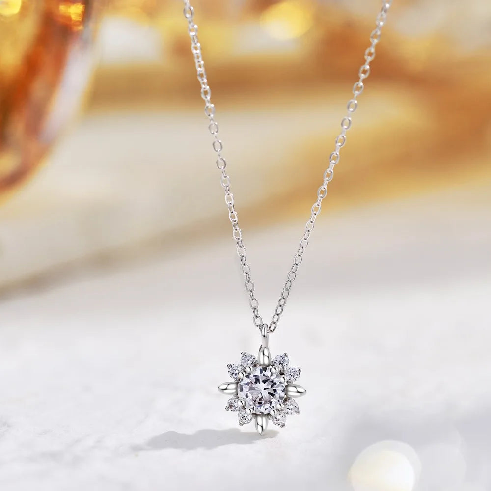 Silver Zircon Round Cut Iced Snowflake Pendant Necklace